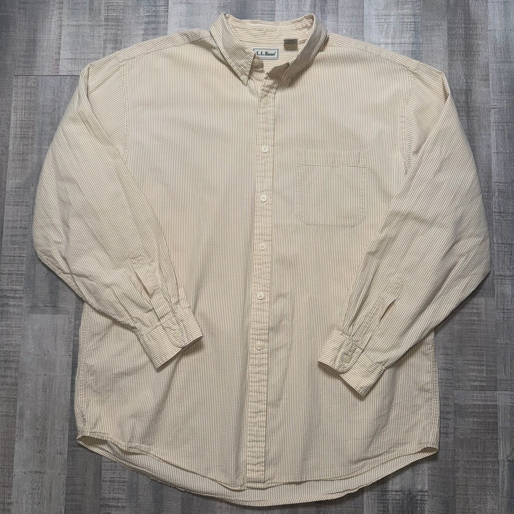 Vintage L.L. Bean Shirt Mens Large Brown Stripe Short Sleeve Cotton Button Down